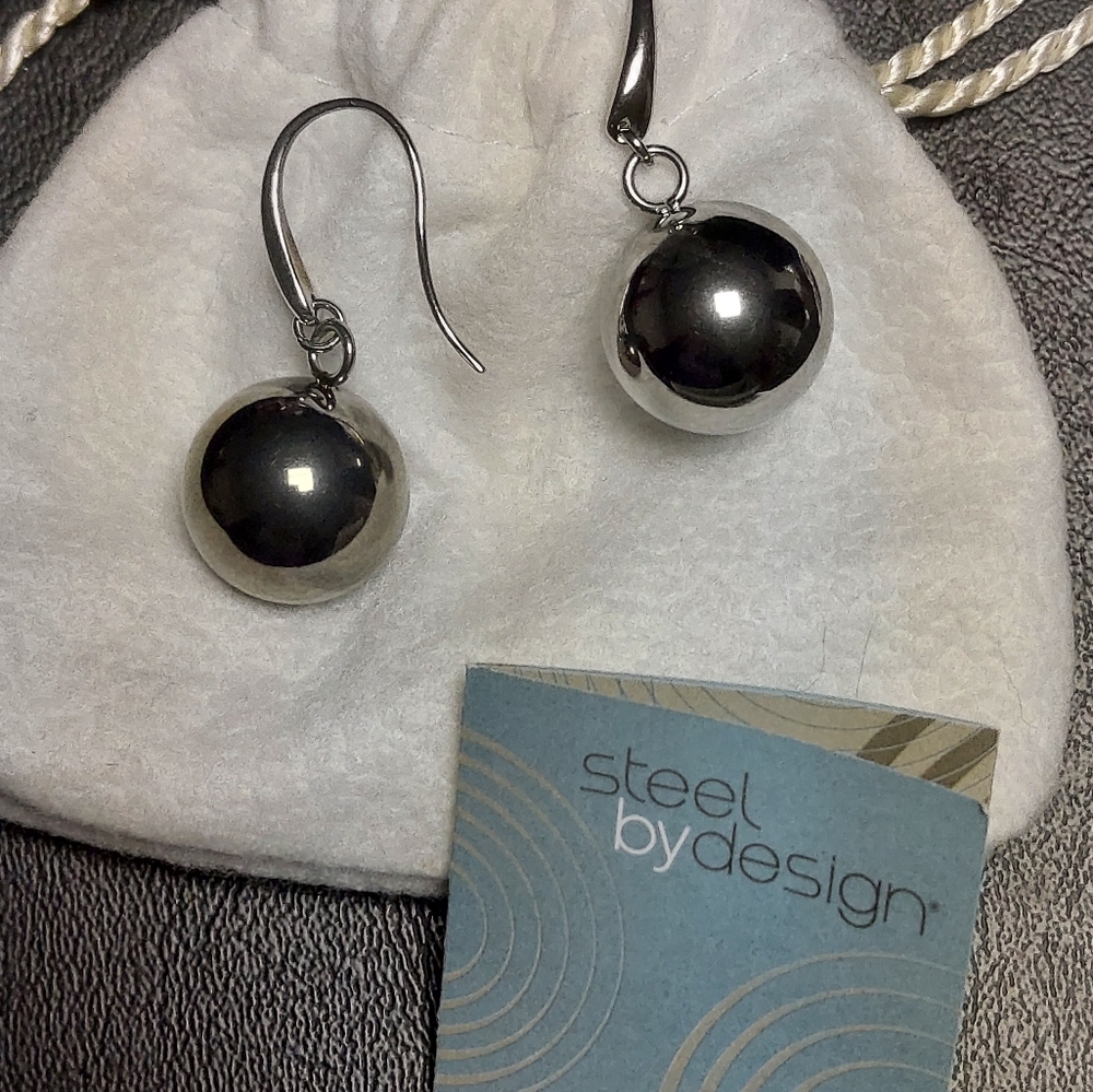 QVC Steel By Design 3/4" Round Ball Stainless Steel French Wire Earrings NEW - Picture 3 of 7